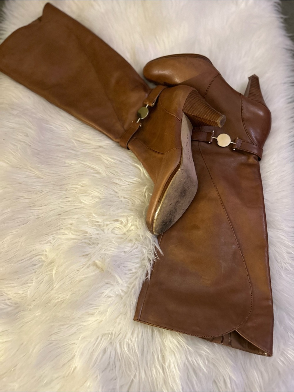 Anne Klein Cognac Over-the-Knee Leather Boots with Gold Accent